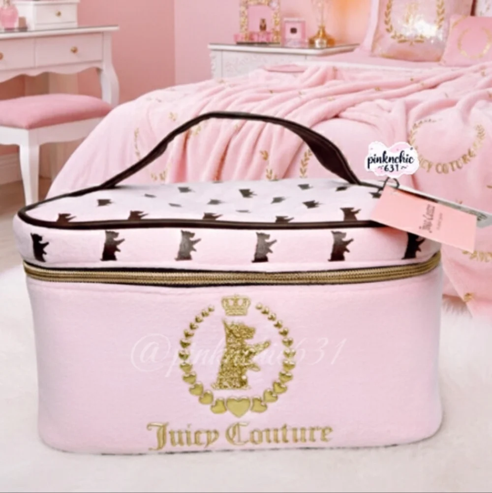 Juicy Couture Makeup Bag Cosmetic Case Scottie Dogs Pink Gold Foil Logo Charms